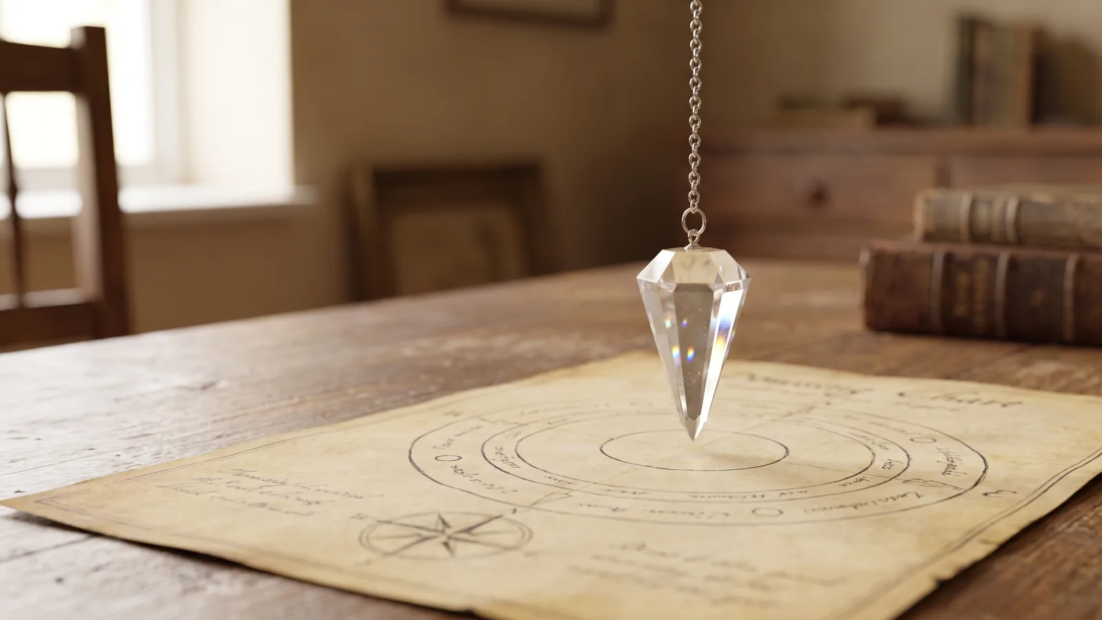 Pendule en cristal de roche suspendu au-dessus d'un cadran de radiesthésie ancien