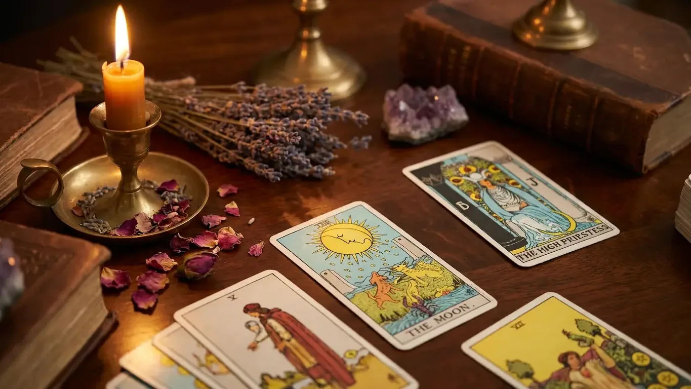 Cartes de tarot et oracle disposées sur une table, ambiance ésotérique