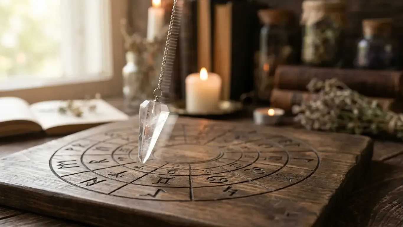 Pendule divinatoire en cristal au-dessus d’une planche gravée