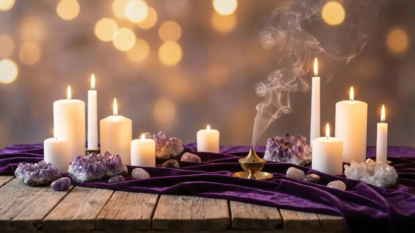 Bougies, améthystes et fumée d’encens dans une ambiance mystique douce