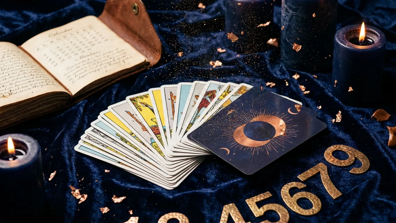 Cartes d'oracle et calendrier ancien évoquant la numérologie du nom et des dates
