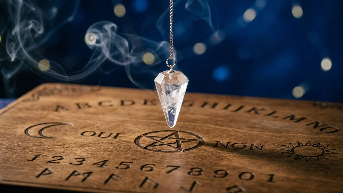 Pendule divinatoire en quartz au-dessus d'une planche gravée de chiffres
