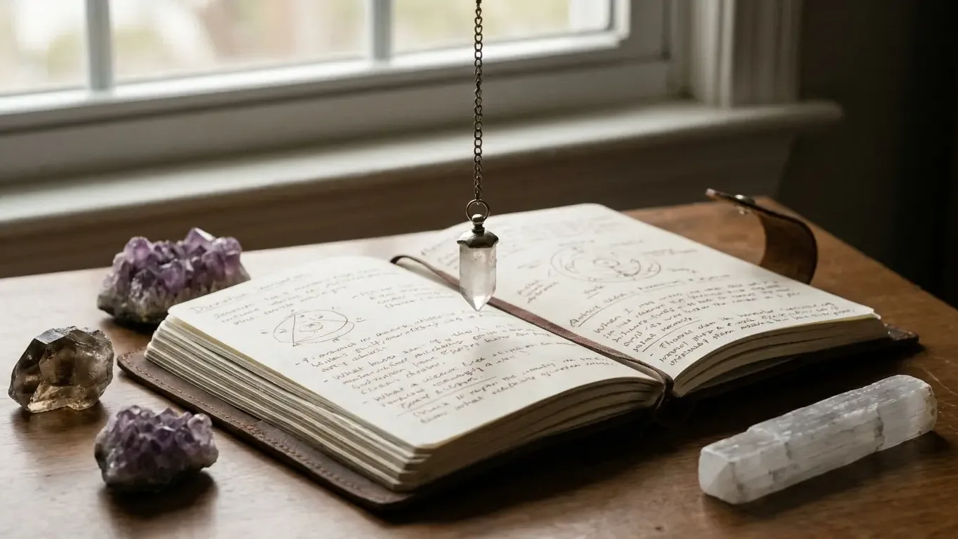 Pendule de divination au-dessus d'un carnet de questions pour une séance de voyance
