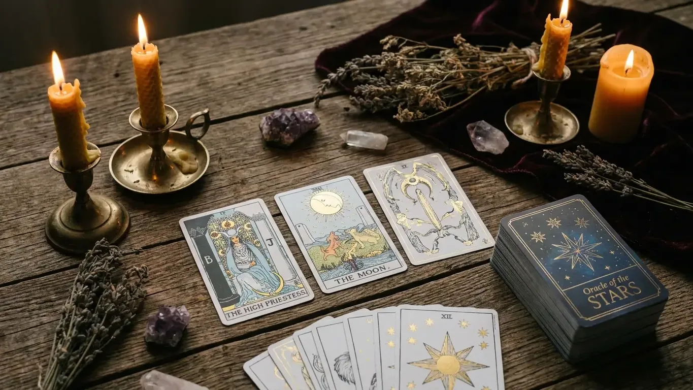 Cartes de tarot et oracle disposées sur une table pour préparer une consultation de voyance