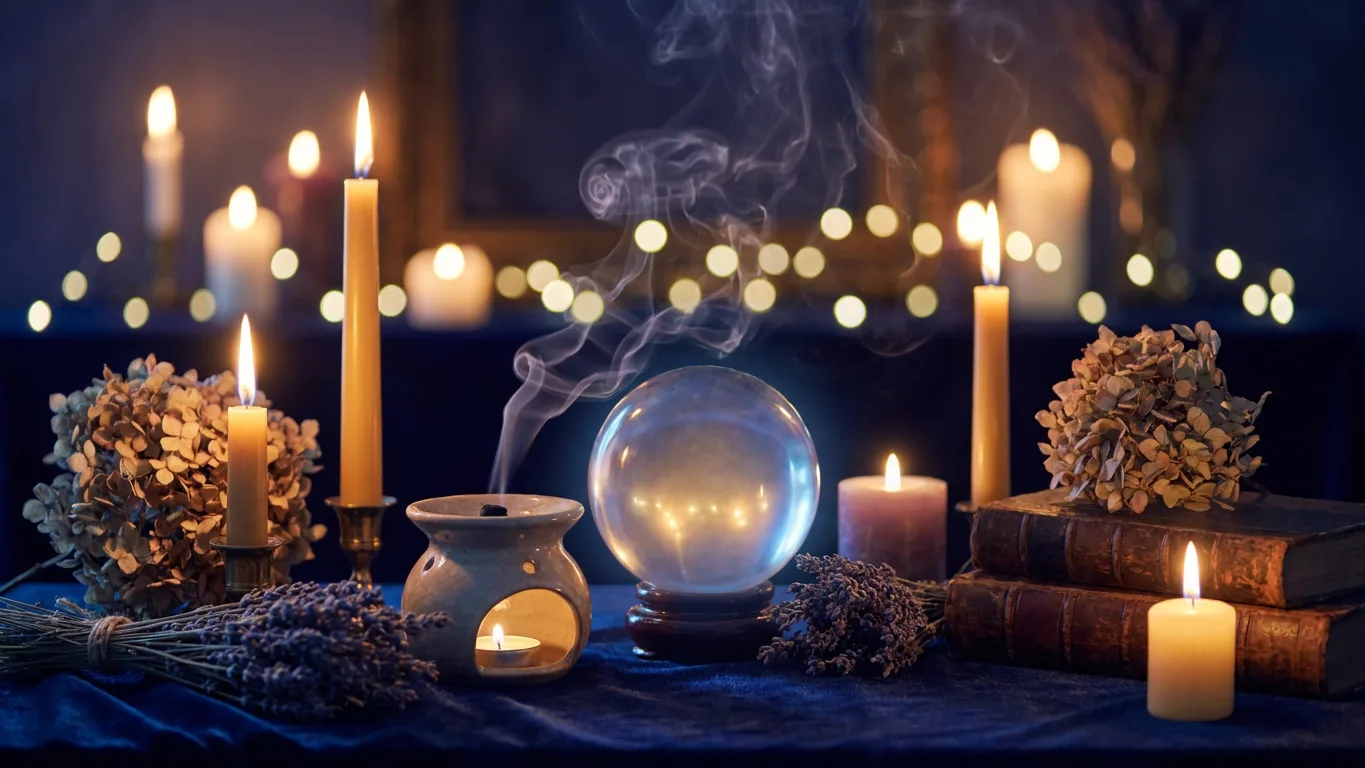 Ambiance mystique douce avec bougies et boule de cristal