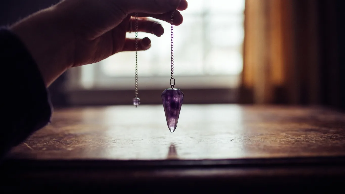 Pendule divinatoire en cristal suspendu au-dessus d'une table