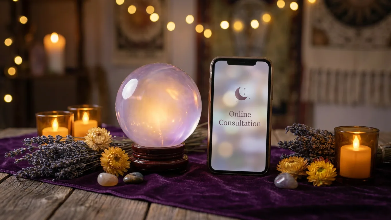 Ambiance douce d une consultation de voyance en ligne avec boule de cristal et smartphone