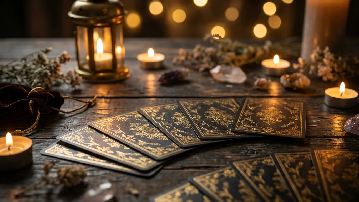 Cartes de tarot et oracle disposées pour une consultation de voyance en ligne