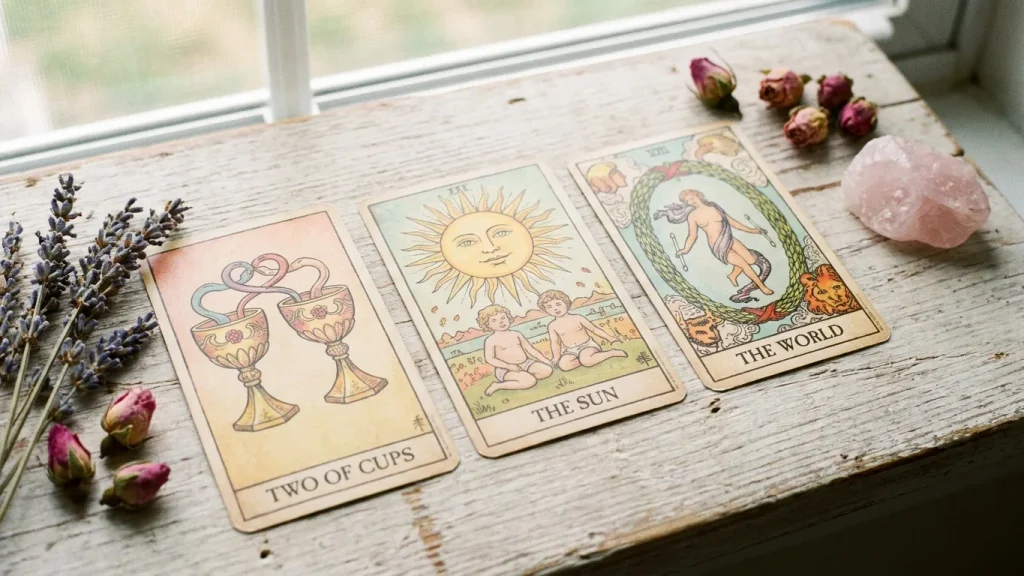 Gros plan sur trois cartes de tarot alignées sur un plan de bois clair