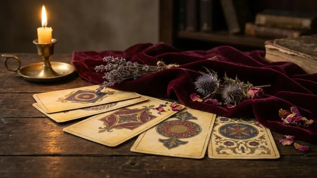 Jeu de cartes de cartomancie etale sur une table en bois a la lueur des bougies
