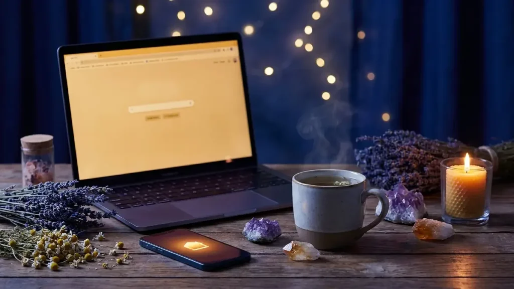 Ordinateur portable et smartphone allumés sur un bureau cosy, consultation de voyance en ligne