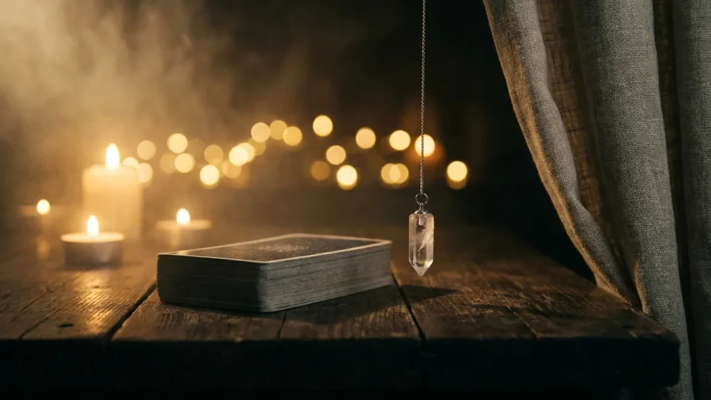 Jeu de tarot fermé et pendule divinatoire posés sur une table en bois sombre