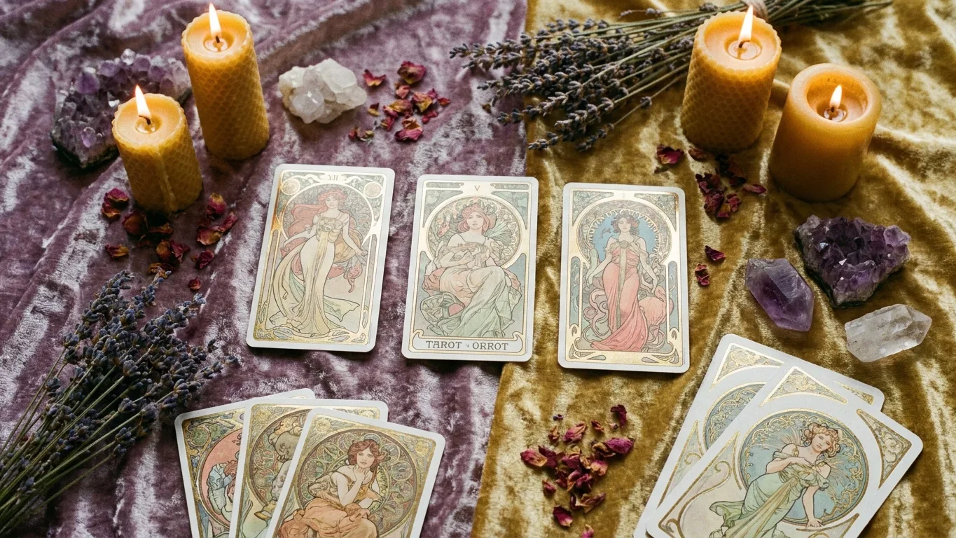 Cartes oracle et tarot disposées pour une consultation de voyance