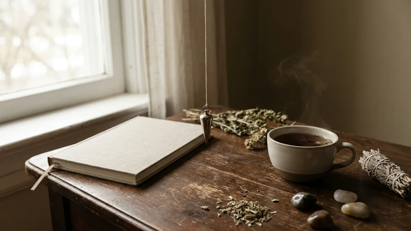 Pendule divinatoire immobile au-dessus d'une table en bois