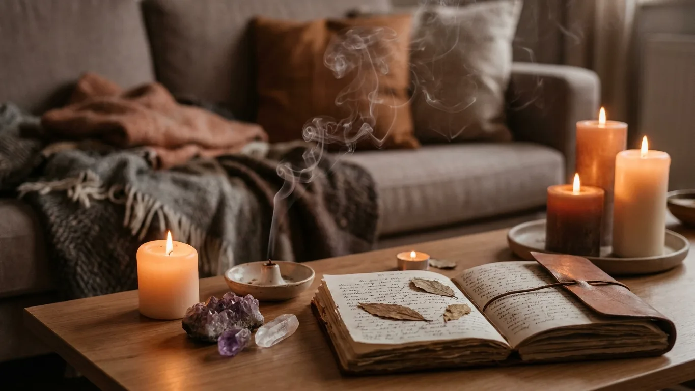 Ambiance mystique douce avec bougie et carnet pour une séance sereine