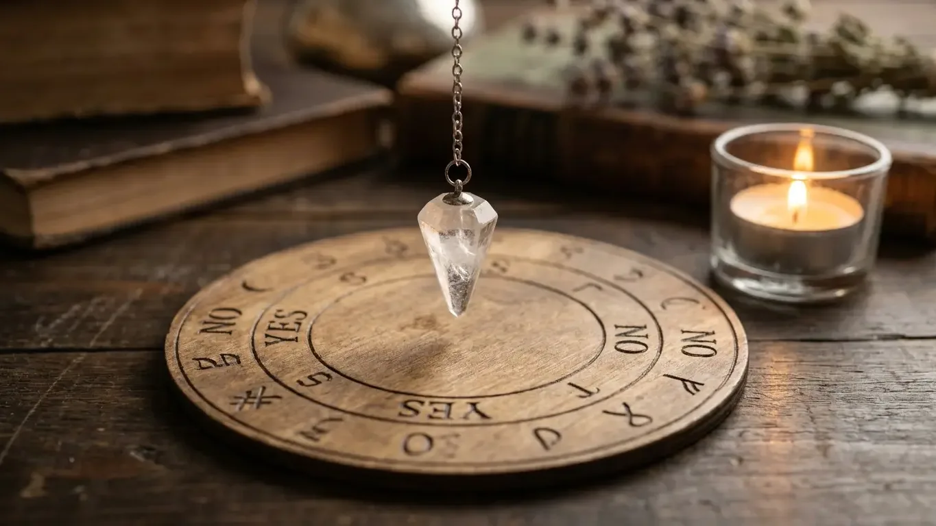 Pendule divinatoire en cristal au-dessus d’un cadran oui non de radiesthésie