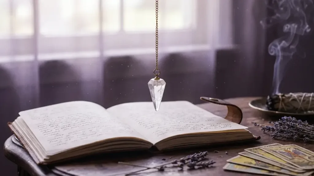 Pendule de voyance en cristal au-dessus d un carnet, ambiance divinatoire douce