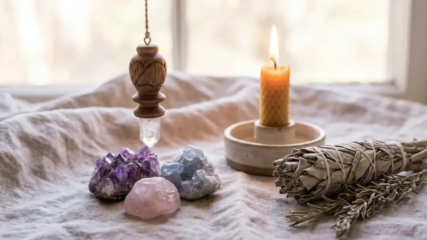 Pendule divinatoire, cristaux, bougie et sauge pour la purification