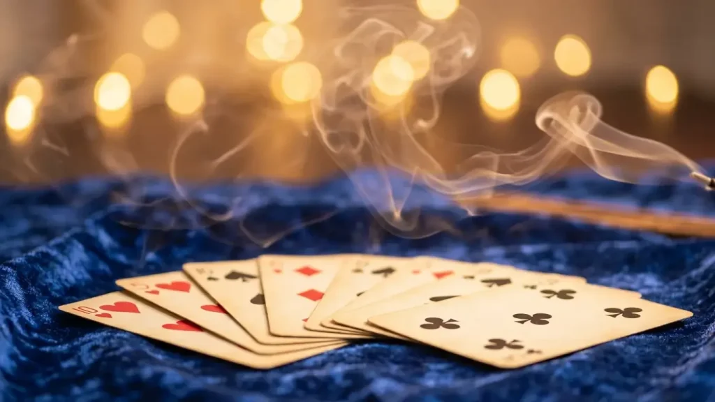 Cartes deployees sur un velours bleu dans une ambiance mystique douce