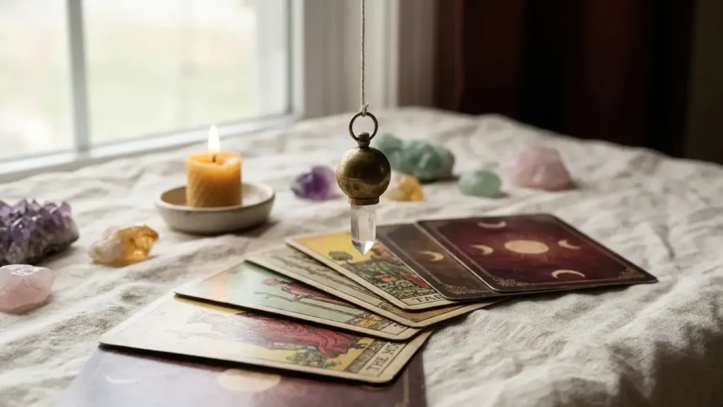 Pendule divinatoire au-dessus d un jeu de tarot et d oracle