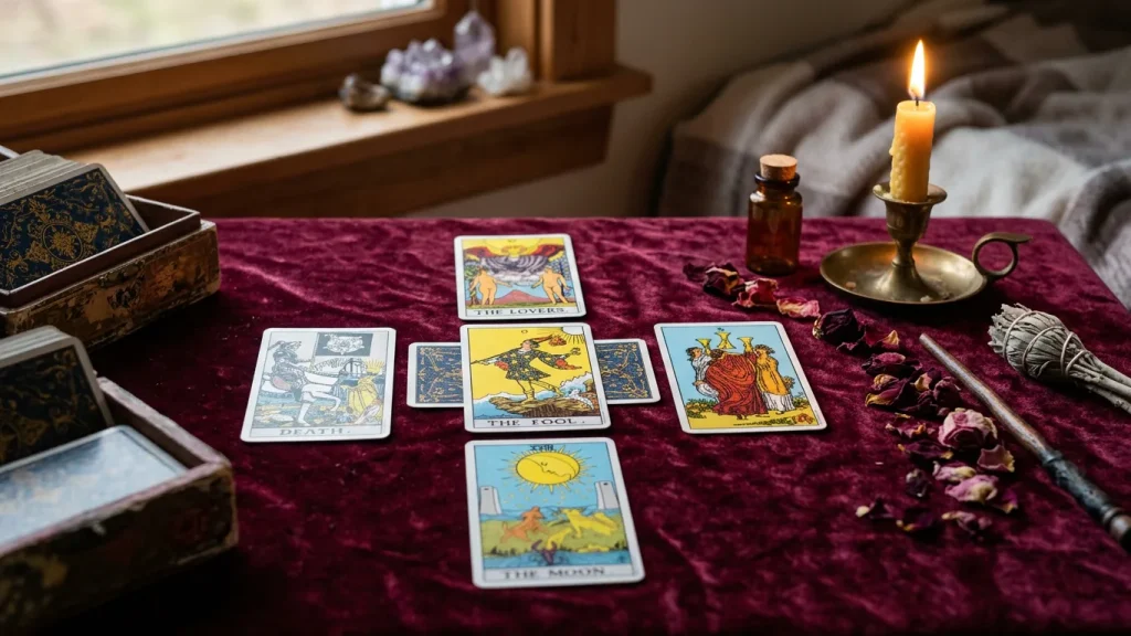 Tirage de tarot en croix disposé sur une nappe de velours à la lueur d’une bougie